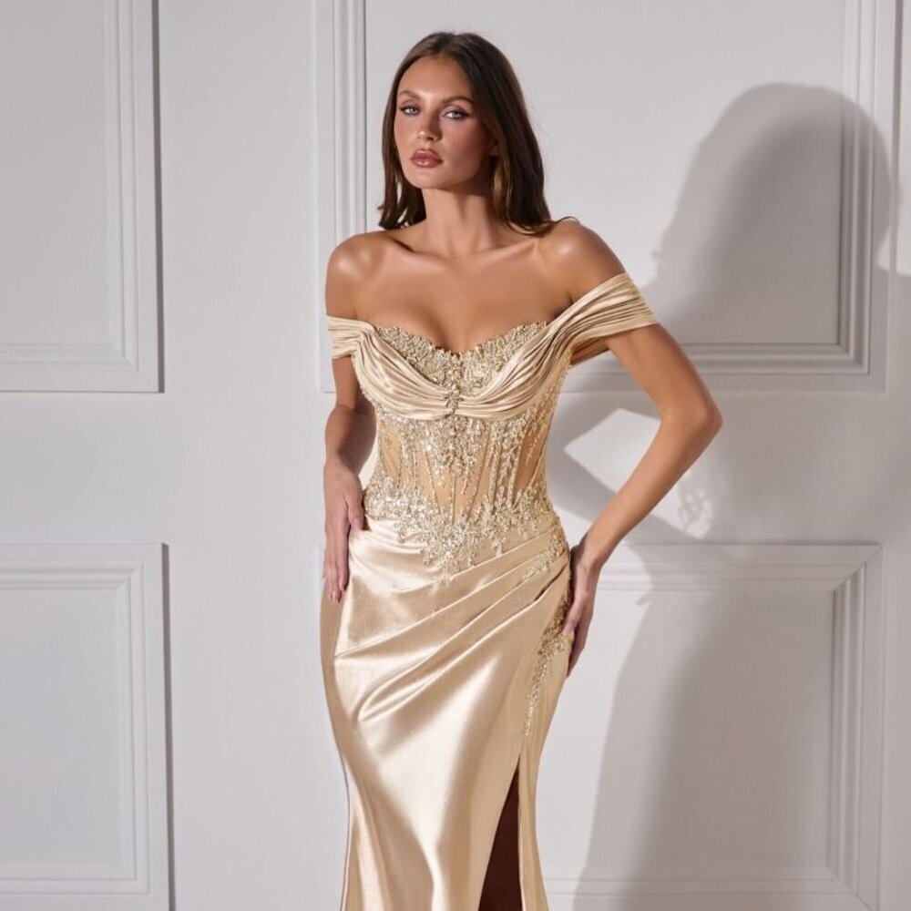 New Champagne Gold Evening Dress w/ Beaded Corset Bodice & Leg Slit CD CC494